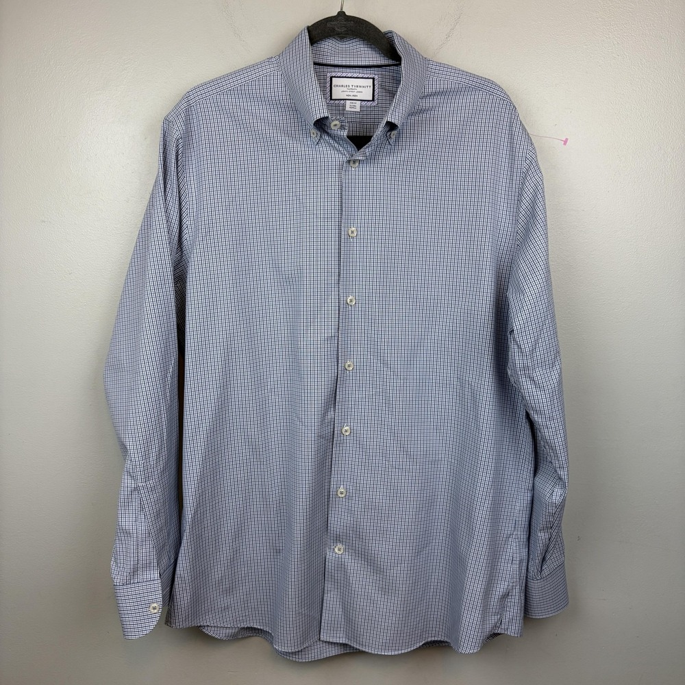 Charles Tyrwhitt Shirt Mens 17 36 Blue Gingham Slim Fit Non-Iron Button Down